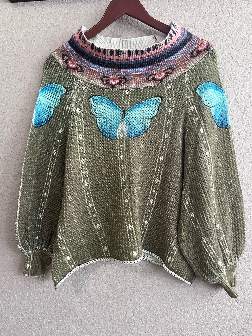 FARM Rio Butterflower Knit Sweater Size P - Small Blue Butterfly Crewneck - Picture 7 of 10